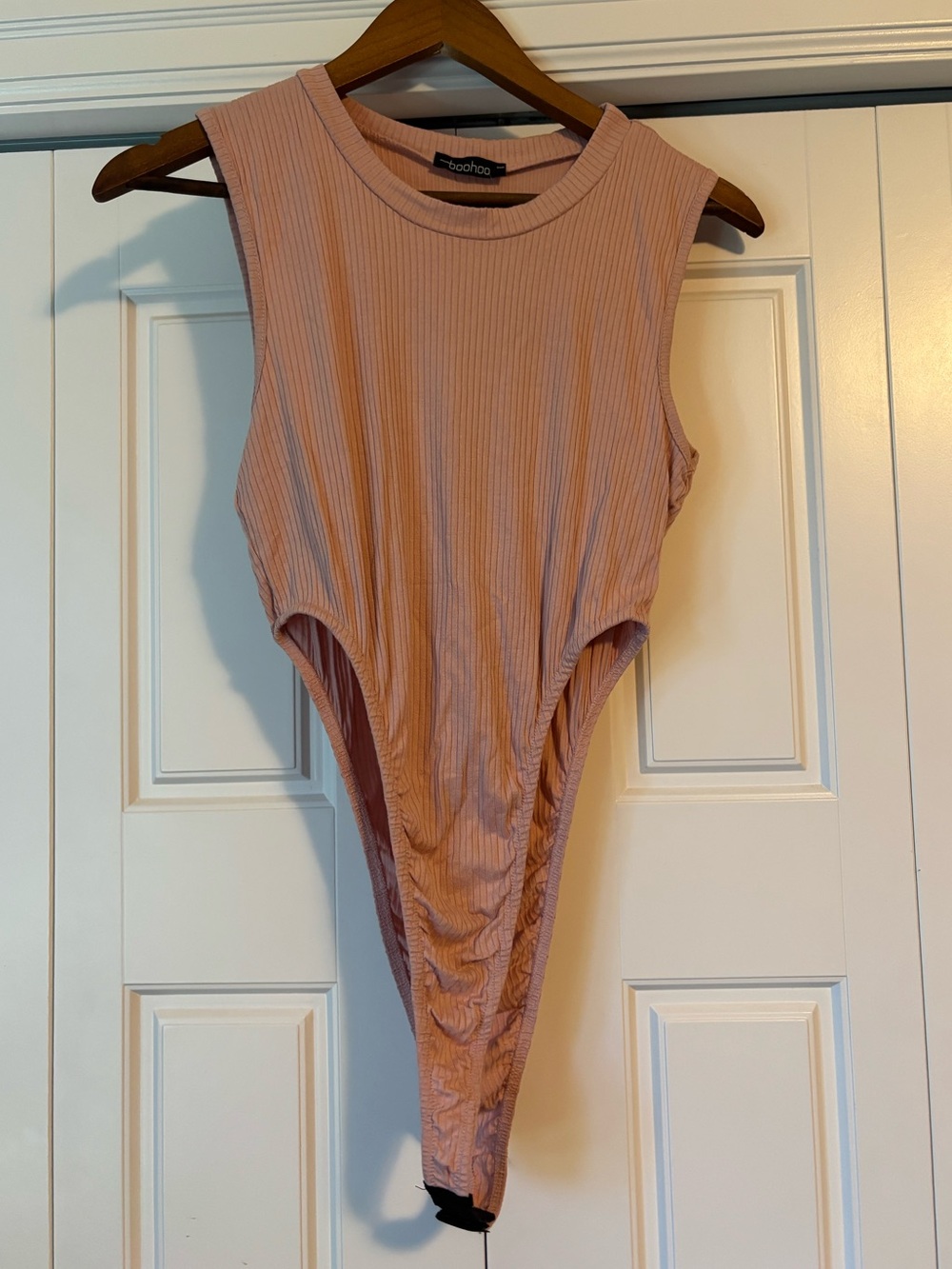 Boohoo, pink ribbed high leg bodysuit